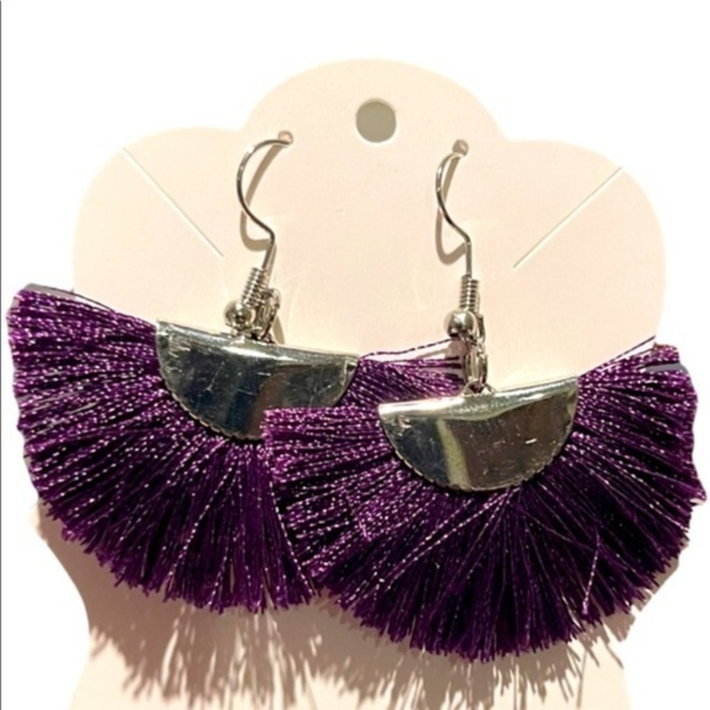 Handmade purple tassel silver‎ stainless steel hook fan boho earrings